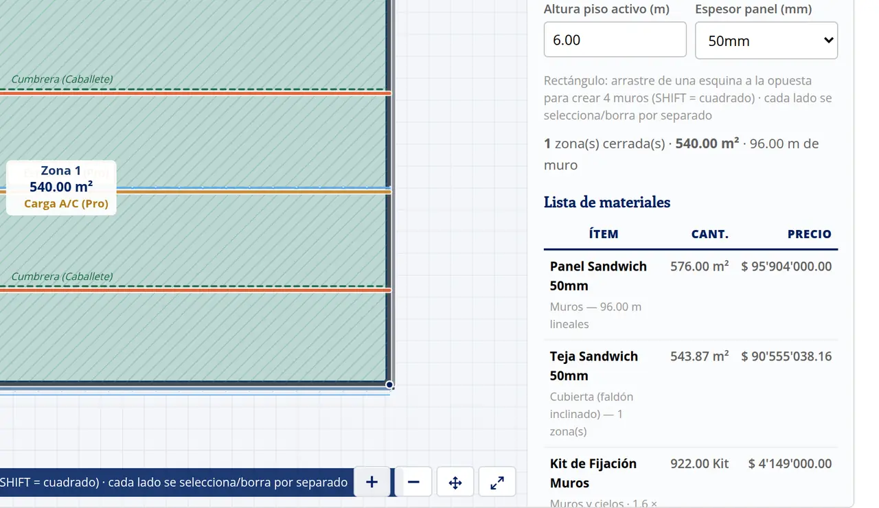 QuickDesign: la lista de materiales con cantidades y precios de suministro