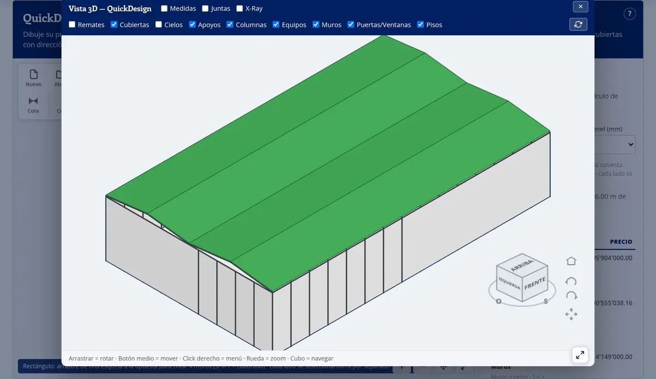 QuickDesign: la misma bodega vista en 3D con cubierta y columnas
