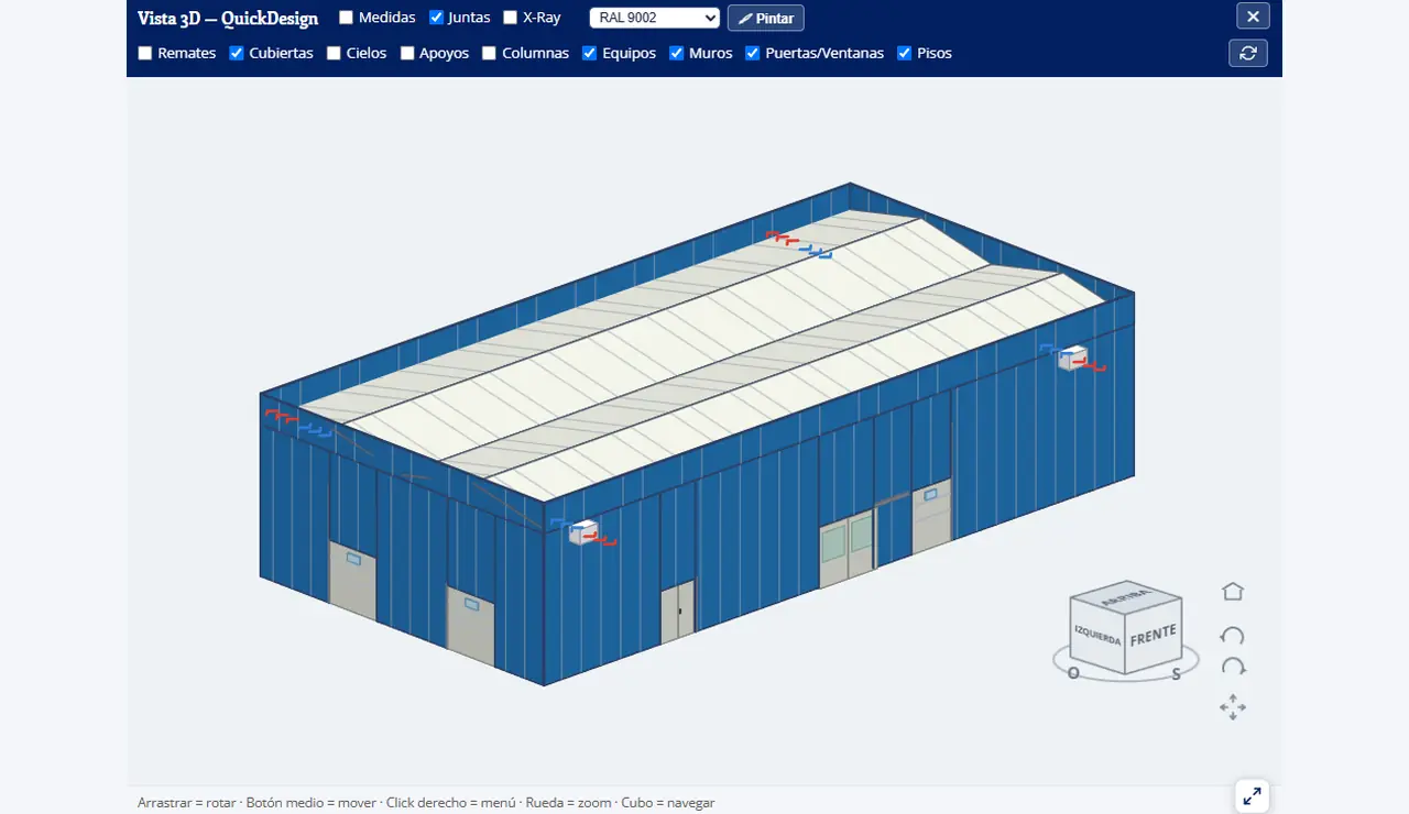 QuickDesign: la misma bodega con puertas, ventanas, condensadores y evaporadores, y los muros en azul RAL 5010