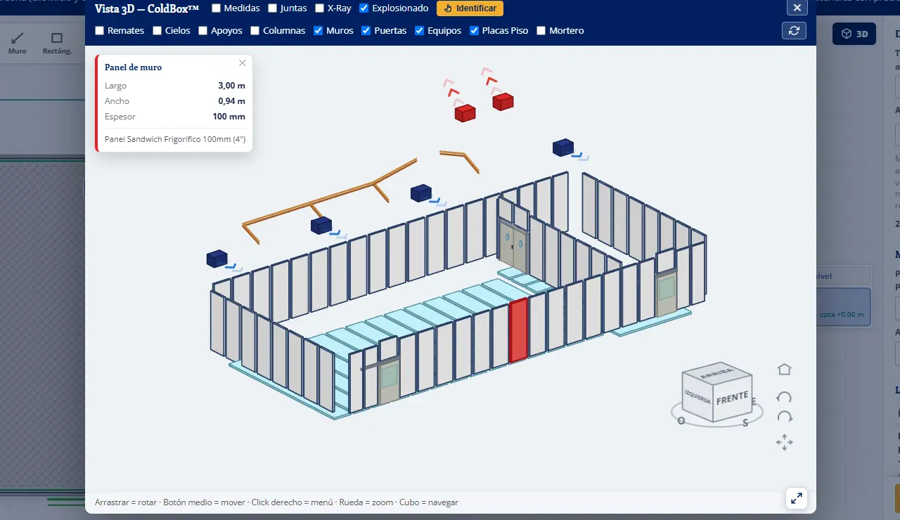 ColdBox: vista explosionada de los cuartos fríos en piezas individuales, con la ficha de Identificar sobre un panel de muro