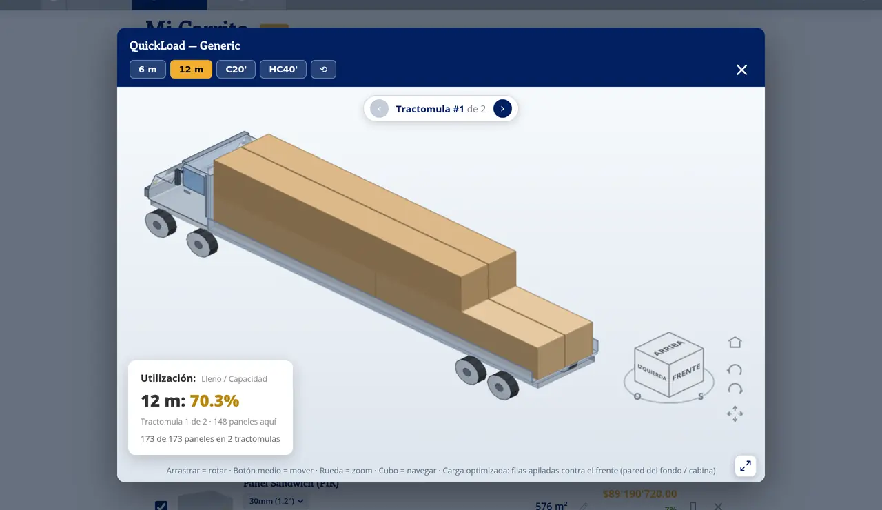 QuickLoad: una tractomula de 12 m cargada al 70% con paneles de distintos largos